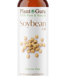 以下が含まれることがあります： 白いキャップが付いた茶色のガラス瓶で、「Plant Guru 100% Pure & Natural Soybean Oil」とラベル付けされています。瓶には大豆油が入っており、ラベルには「Glycine Soja」、「Omega-6 and Vitamin E」、「Skin - Hair - Scalp - Nails」、「Pure Therapeutic Grade」、「8 fl. oz./237 ml.」のテキストが記載されています。