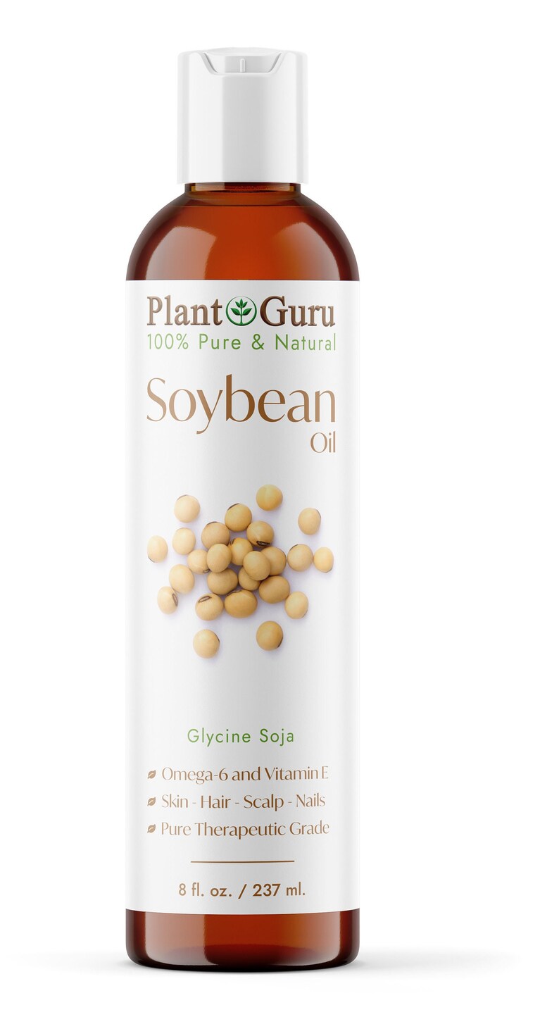 以下が含まれることがあります： 白いキャップが付いた茶色のガラス瓶で、「Plant Guru 100% Pure & Natural Soybean Oil」とラベル付けされています。瓶には大豆油が入っており、ラベルには「Glycine Soja」、「Omega-6 and Vitamin E」、「Skin - Hair - Scalp - Nails」、「Pure Therapeutic Grade」、「8 fl. oz./237 ml.」のテキストが記載されています。