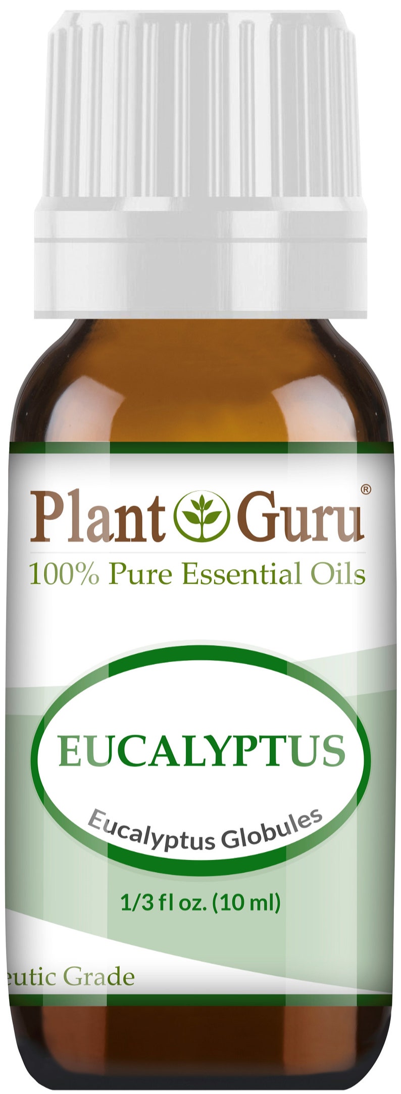 May include: A brown glass bottle of Plant Guru Eucalyptus essential oil. The label reads "EUCALYPTUS Eucalyptus Globules" and "1/3 fl oz. (10 ml)". The bottle has a white cap.