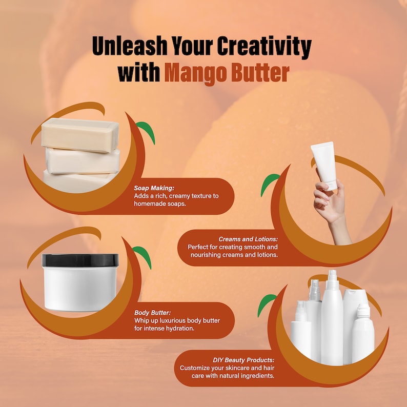 May include: A graphic showing different ways to use mango butter. The graphic features a mango-shaped background with four sections. Each section shows a different product made with mango butter, including soap, lotion, body butter, and DIY beauty products. The text "Unleash Your Creativity with Mango Butter" is at the top of the graphic.