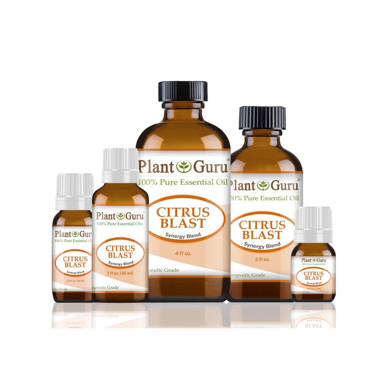 May include: A collection of amber glass bottles of Plant Guru Citrus Blast Synergy Blend essential oil. The bottles vary in size, with labels displaying the product name and volume, ranging from 1 fl oz to 4 fl oz.