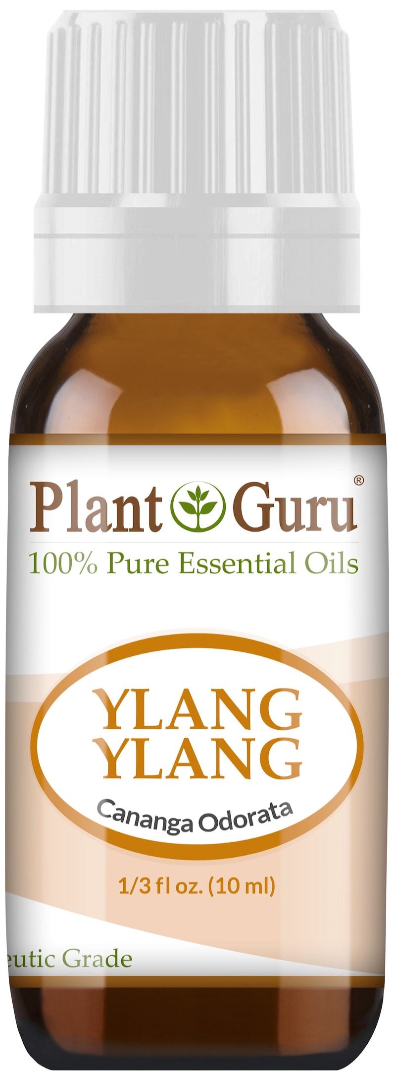 May include: A brown glass bottle of Plant Guru Ylang Ylang essential oil. The label features the text "YLANG YLANG" in a gold oval, with "Cananga Odorata" below. The bottle contains 1/3 fl oz (10 ml) of oil.