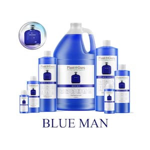 May include: An assortment of blue bottles of varying sizes, labeled "BLUE MAN" and "Plant Guru." The bottles have white caps and labels with a perfume bottle graphic. The image includes a gallon jug and smaller bottles.