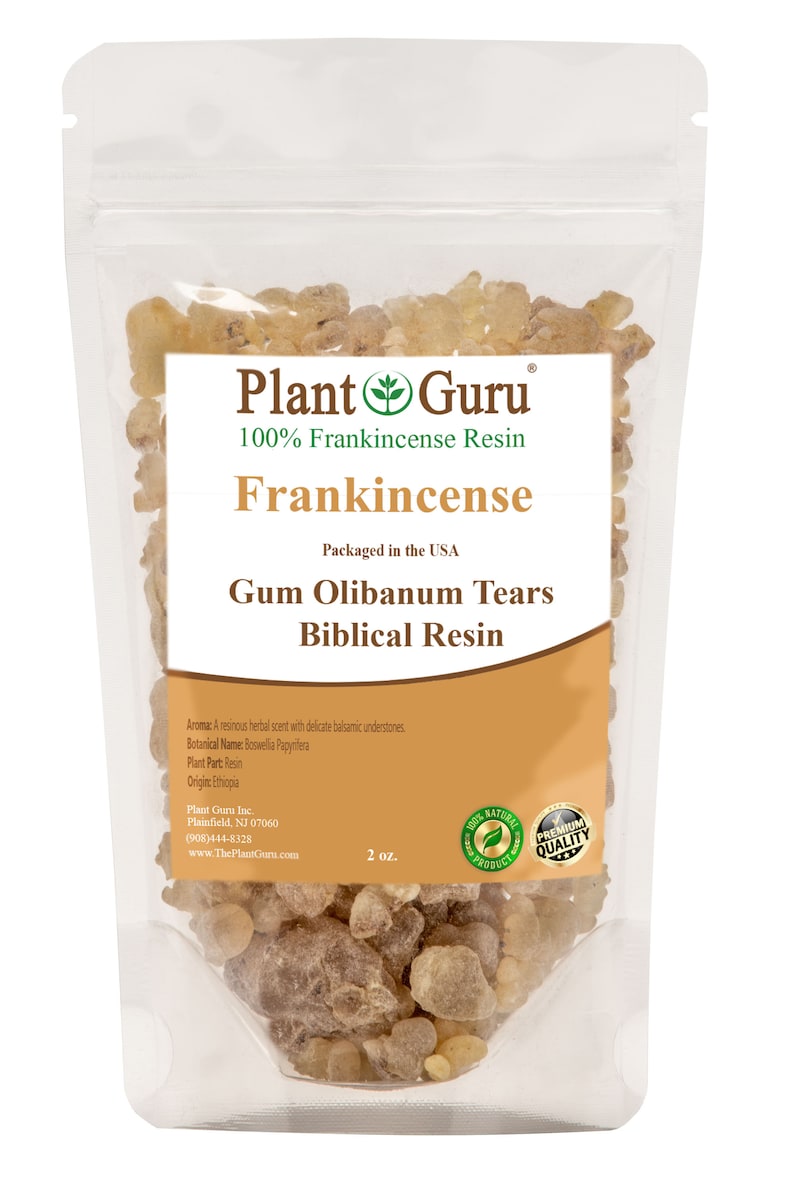 May include: A clear plastic bag filled with light brown frankincense resin. The bag has a label that reads "Plant Guru 100% Frankincense Resin Frankincense Packaged in the USA Gum Olibanum Tears Biblical Resin". The label also includes the botanical name, plant part, origin, and contact information for Plant Guru Inc. The bag contains 2 ounces of resin.