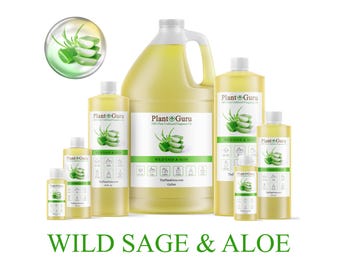 May include: Various sizes of Plant Guru Wild Sage & Aloe fragrance bottles are displayed. The bottles range from small to gallon-sized, with green and white labels. The text "Wild Sage & Aloe" is at the bottom.