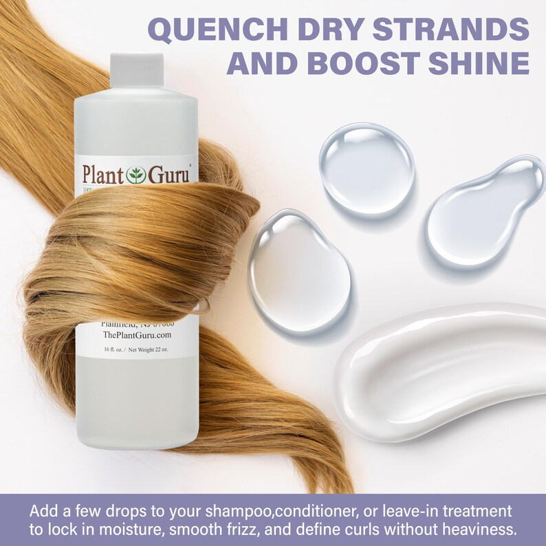 Puede incluir: Una botella de pl&aacute;stico transparente de aceite capilar Plant Guru envuelta en mechones de cabello casta&ntilde;o claro. La etiqueta dice Plant Guru, Plainfield, NJ 07060, ThePlantGuru.com. El texto dice QUENCH DRY STRANDS AND BOOST SHINE.