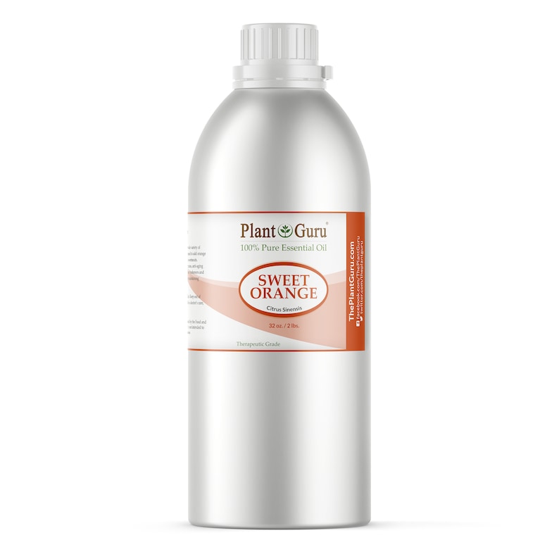 May include: A silver metal bottle of Plant Guru Sweet Orange 100% Pure Essential Oil. The label is orange and white, with the text "Sweet Orange" and "Citrus Sinensis". The bottle contains 32 fl oz / 2 lbs of oil.