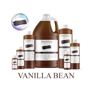 May include: A collection of brown bottles and jugs of vanilla bean fragrance. The containers vary in size, from small bottles to a gallon jug. Each container has a white label with the words "Vanilla Bean" and "Plant Guru". A bundle of vanilla beans is also shown.