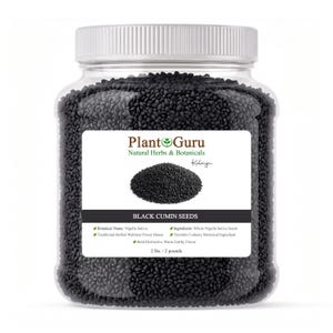 May include: A clear plastic jar filled with black cumin seeds, topped with a white screw-on lid. The label features the text Plant Guru, Natural Herbs & Botanicals, Kalonji, Black Cumin Seeds, and states a net weight of 2 lbs. / 2 pounds.