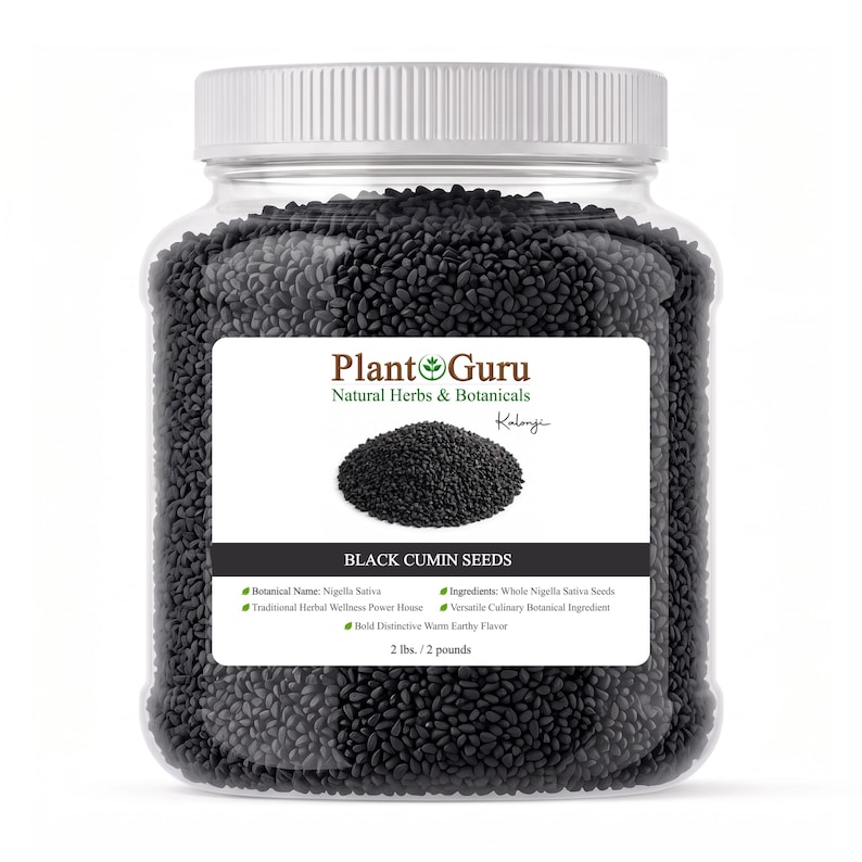 May include: A clear plastic jar filled with black cumin seeds, topped with a white screw-on lid. The label features the text Plant Guru, Natural Herbs & Botanicals, Kalonji, Black Cumin Seeds, and states a net weight of 2 lbs. / 2 pounds.