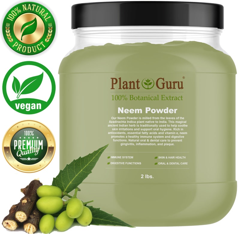 May include: A clear plastic jar of green Neem Powder from Plant Guru, with a black lid. The label states it is 100% botanical extract. The image includes a sprig of neem leaves and fruit, and seals that say "100% Natural Product", "Vegan", and "Premium Quality".