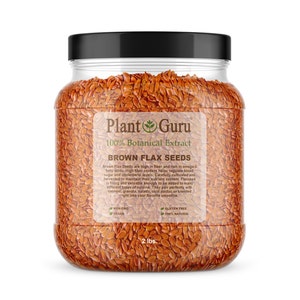 May include: A clear glass jar filled with brown flax seeds. The jar has a black lid and a label that reads "Plant Guru 100% Botanical Extract Brown Flax Seeds". The label also includes information about the product, such as "Non-GMO, Vegan, Gluten Free, 100% Natural". The jar contains 2 pounds of flax seeds.