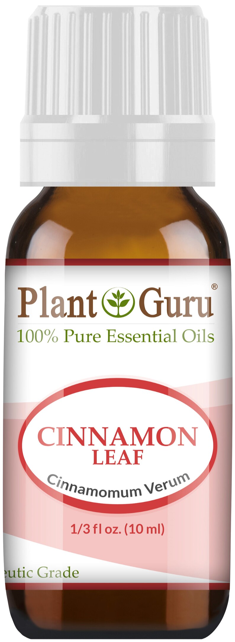 May include: A brown glass bottle of Plant Guru Cinnamon Leaf essential oil. The label reads "CINNAMON LEAF Cinnamomum Verum" and "1/3 fl oz. (10 ml)." The bottle has a white cap.