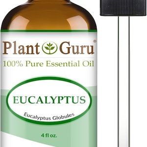 May include: A brown glass bottle of Plant Guru Eucalyptus essential oil with a black cap and a separate dropper. The label reads "100% Pure Essential Oil" and "Eucalyptus Globules". The bottle contains 4 fl oz.