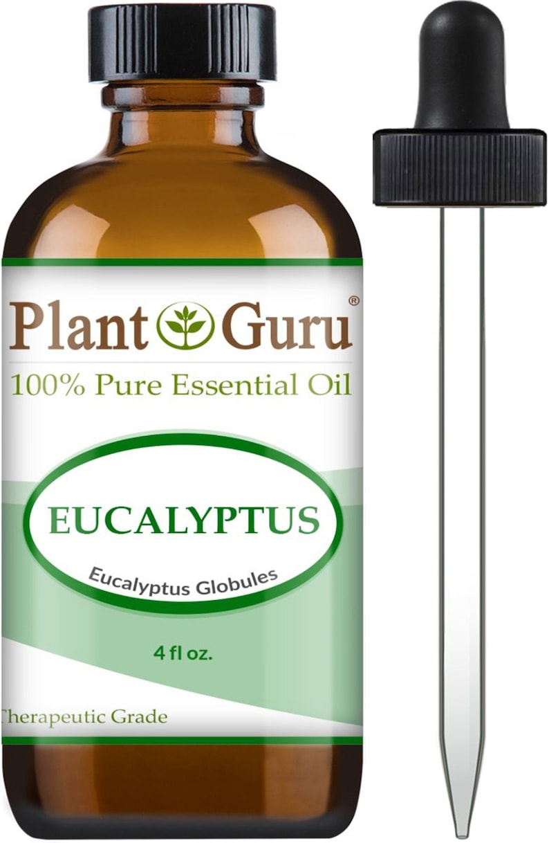 May include: A brown glass bottle of Plant Guru Eucalyptus essential oil with a black cap and a separate dropper. The label reads "100% Pure Essential Oil" and "Eucalyptus Globules". The bottle contains 4 fl oz.