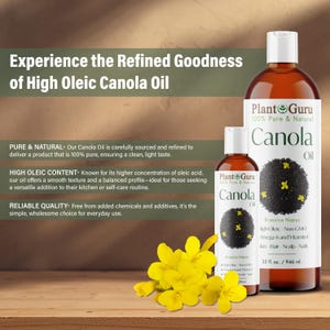 May include: Two bottles of canola oil with white caps and labels, one large and one small, next to yellow canola flowers. The labels read "Plant Guru" and "Canola Oil". The large bottle is 32 fl. oz. / 946 ml.