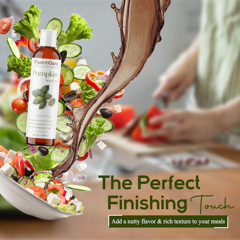 May include: A bottle of Plant Guru Pumpkin Seed Oil, 8 fl oz / 237 ml, with a white label and green text, is featured with a salad of fresh vegetables. The image includes the text "The Perfect Finishing Touch" and "Add a nutty flavor & rich texture to your meals."