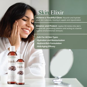 May include: Two amber-coloured bottles of Plant Guru Jojoba Oil are shown, with a woman smiling in the background. The bottles have white caps, and the labels feature the brand name and images of jojoba seeds. Text on the image promotes skin hydration and anti-ageing.