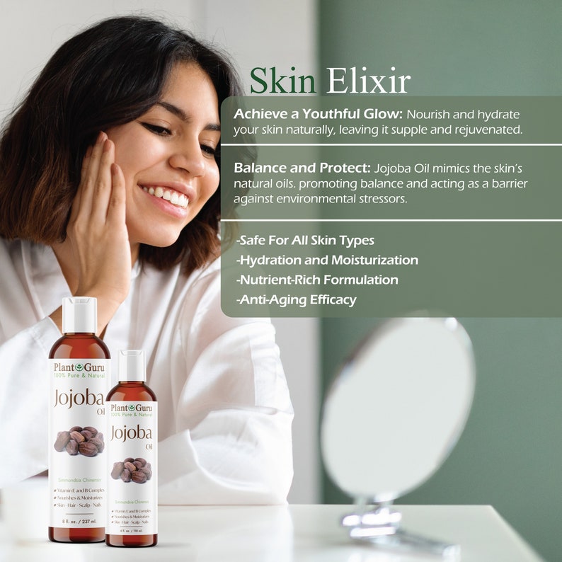 May include: Two amber-coloured bottles of Plant Guru Jojoba Oil are shown, with a woman smiling in the background. The bottles have white caps, and the labels feature the brand name and images of jojoba seeds. Text on the image promotes skin hydration and anti-ageing.