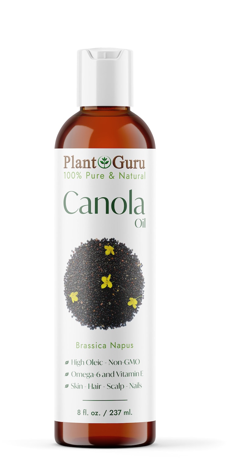 May include: A brown bottle of Plant Guru Canola Oil. The label features the text "Canola Oil" and a graphic of canola seeds and flowers. The bottle contains 8 fl. oz. / 237 ml of oil.
