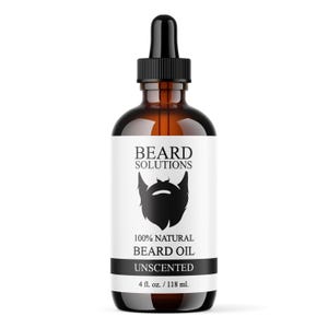 May include: A brown glass bottle of unscented beard oil with a black dropper. The label reads "BEARD SOLUTIONS" with a beard graphic, and "100% NATURAL BEARD OIL". The bottle contains 4 fl. oz. / 118 ml.