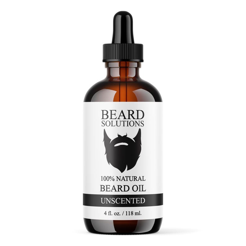 May include: A brown glass bottle of unscented beard oil with a black dropper. The label reads "BEARD SOLUTIONS" with a beard graphic, and "100% NATURAL BEARD OIL". The bottle contains 4 fl. oz. / 118 ml.