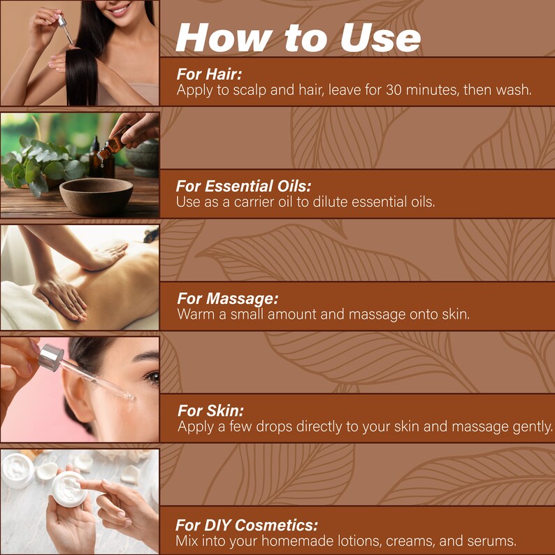 May include: How to Use: A graphic with five sections showing different ways to use a carrier oil. The sections include: For Hair, For Essential Oils, For Massage, For Skin, and For DIY Cosmetics. Each section has a brief description of how to use the carrier oil.