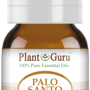 May include: A brown glass bottle of Palo Santo essential oil from Plant Guru. The label includes the text "100% Pure Essential Oils" and "1/6 fl oz. (5ml)." The bottle has a white cap.