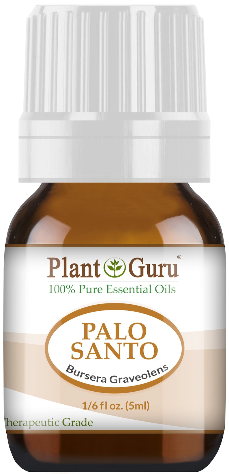 May include: A brown glass bottle of Palo Santo essential oil from Plant Guru. The label includes the text "100% Pure Essential Oils" and "1/6 fl oz. (5ml)." The bottle has a white cap.
