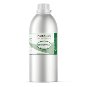 May include: A silver metal bottle of Plant Guru 100% Pure Essential Oil, Eucalyptus. The label is green and white, with the text "EUCALYPTUS" and "32 oz. / 2 lbs.". The bottle has a white cap and is labeled "Therapeutic Grade".