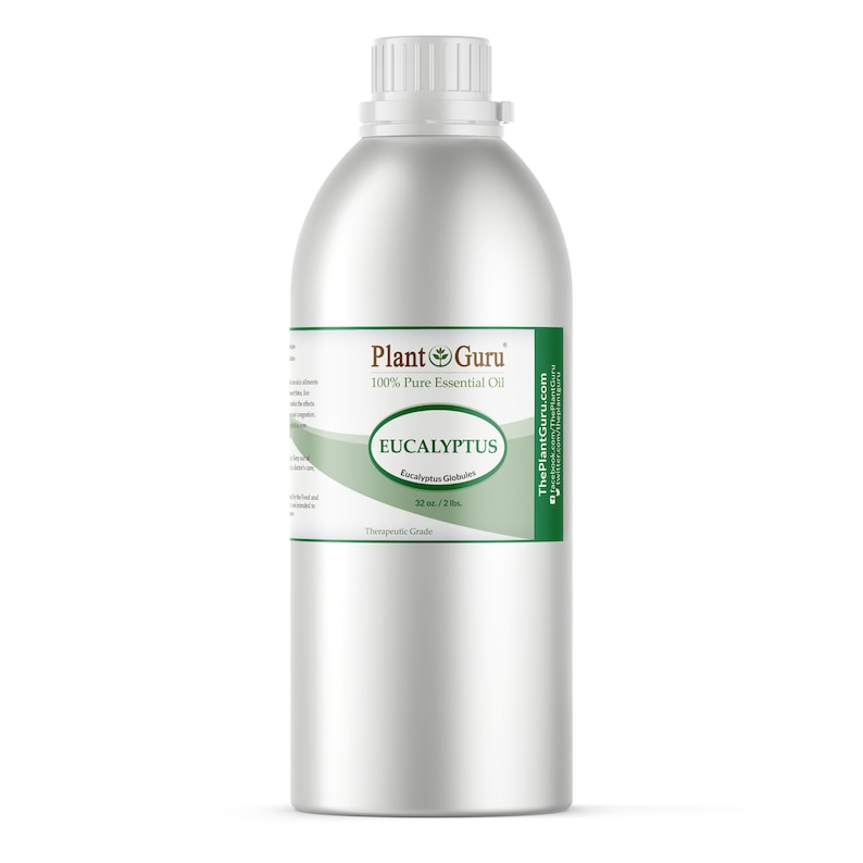 May include: A silver metal bottle of Plant Guru 100% Pure Essential Oil, Eucalyptus. The label is green and white, with the text "EUCALYPTUS" and "32 oz. / 2 lbs.". The bottle has a white cap and is labeled "Therapeutic Grade".