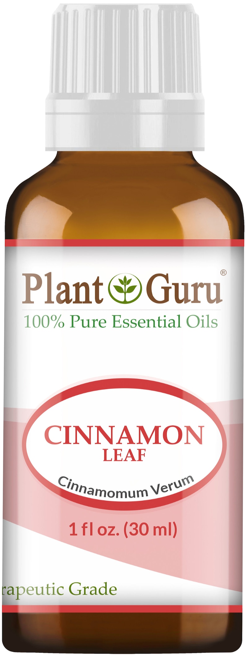 May include: A brown glass bottle of Plant Guru Cinnamon Leaf essential oil. The label features the text "CINNAMON LEAF" and "1 fl oz. (30 ml)". The bottle has a white cap and is labeled "100% Pure Essential Oils".