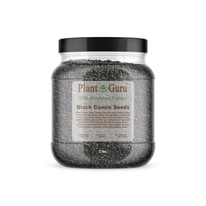 May include: A clear plastic jar filled with black cumin seeds, labeled "Plant Guru 100% Botanical Extract Black Cumin Seeds." The jar has a black lid and a label with text about the seeds' health benefits. The jar contains 2 lbs of seeds.