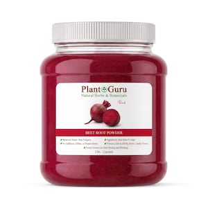 May include: A clear plastic jar filled with deep red beet root powder, topped with a white ribbed screw-on lid. The label features the Plant Guru logo, an illustration of whole and sliced beets, and the text: Beet Root Powder, 2 lbs. / 2 pounds.