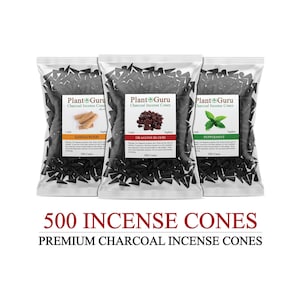 May include: Three sealed bags of charcoal incense cones. Each bag has a label with the Plant Guru logo and a different scent: Sandalwood, Dragons Blood, and Peppermint. The text "500 Incense Cones" and "Premium Charcoal Incense Cones" is displayed below the bags.