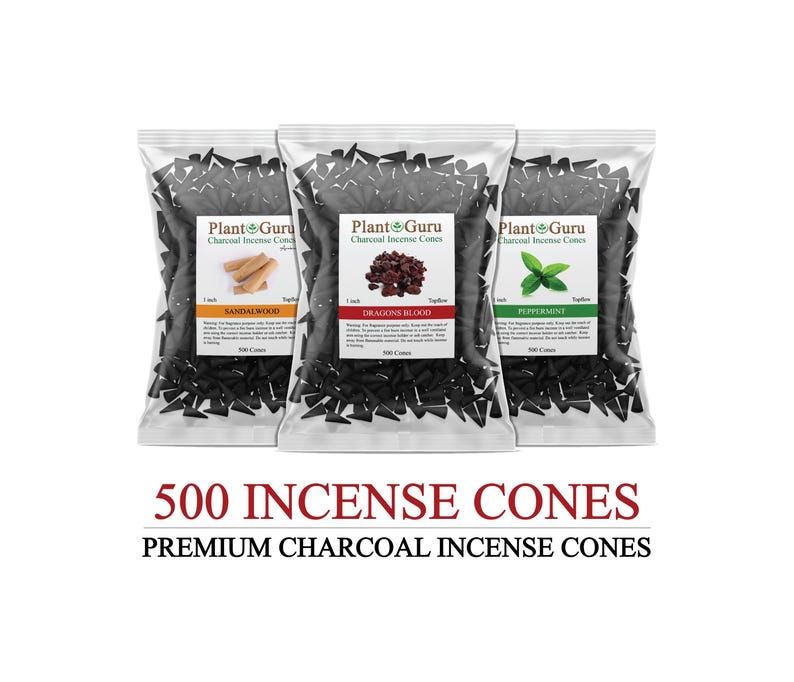 May include: Three sealed bags of charcoal incense cones. Each bag has a label with the Plant Guru logo and a different scent: Sandalwood, Dragons Blood, and Peppermint. The text "500 Incense Cones" and "Premium Charcoal Incense Cones" is displayed below the bags.