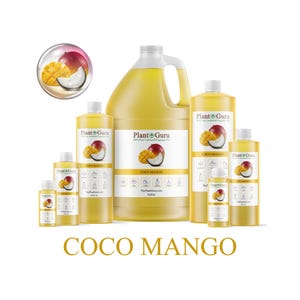 May include: Various sizes of yellow liquid bottles and jugs with white caps, labeled "Plant Guru" and "Coco Mango." An illustration of a mango and coconut is on the label. The text "Coco Mango" is displayed in gold lettering at the bottom.