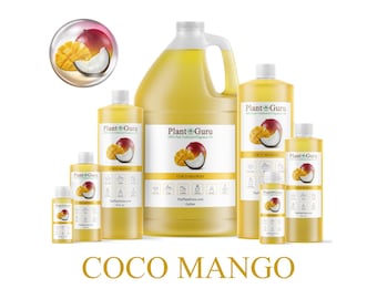 May include: Various sizes of yellow liquid bottles and jugs with white caps, labeled "Plant Guru" and "Coco Mango." An illustration of a mango and coconut is on the label. The text "Coco Mango" is displayed in gold lettering at the bottom.