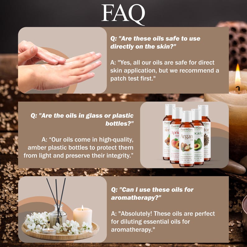 May include: FAQ about carrier oils, including whether they are safe to use directly on skin, what type of bottles they come in, and if they can be used for aromatherapy. The image shows a hand applying oil to skin, a row of amber glass bottles with labels, and a diffuser with essential oils.