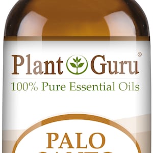 May include: A brown glass bottle of Plant Guru Palo Santo essential oil. The label features the text "PALO SANTO" in a brown oval, with "Bursera Graveolens" below. The bottle contains 1/3 fl oz (10 ml) of oil.