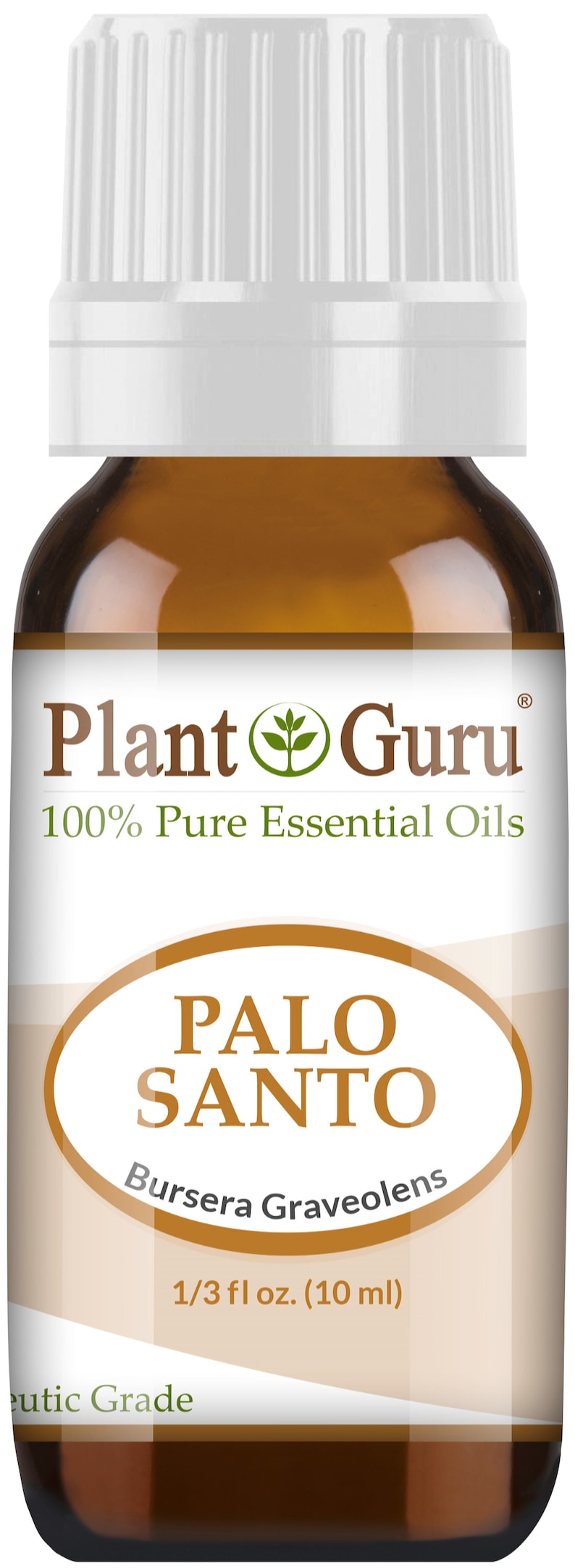May include: A brown glass bottle of Plant Guru Palo Santo essential oil. The label features the text "PALO SANTO" in a brown oval, with "Bursera Graveolens" below. The bottle contains 1/3 fl oz (10 ml) of oil.