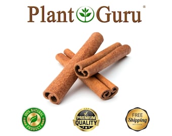 May include: Close-up of several cinnamon sticks, showcasing their warm brown color and rolled texture. The image includes the text "Plant Guru" and seals indicating "100% Natural Product" and "Premium Quality".