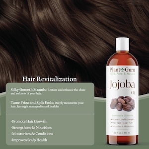 May include: A bottle of Plant Guru Jojoba Oil, 100% pure and natural, for hair revitalization. The bottle contains 946 ml of oil. The label lists benefits like promoting hair growth and moisturizing. The background shows dark brown hair.