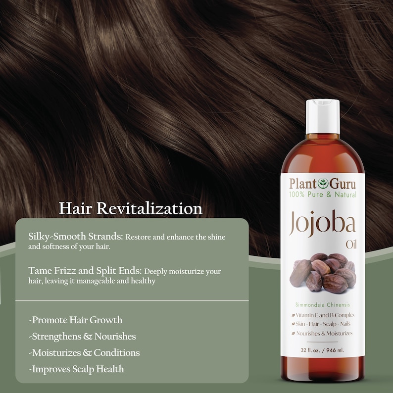 May include: A bottle of Plant Guru Jojoba Oil, 100% pure and natural, for hair revitalization. The bottle contains 946 ml of oil. The label lists benefits like promoting hair growth and moisturizing. The background shows dark brown hair.