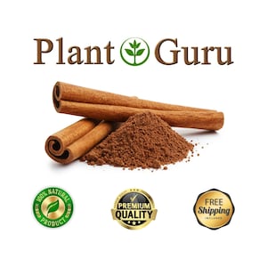 May include: Image of cinnamon sticks and ground cinnamon. The image includes the text "Plant Guru" and seals that say "100% Natural Product" and "Premium Quality". The cinnamon is a warm brown color.