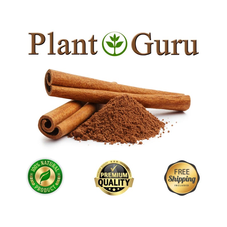 May include: Image of cinnamon sticks and ground cinnamon. The image includes the text "Plant Guru" and seals that say "100% Natural Product" and "Premium Quality". The cinnamon is a warm brown color.