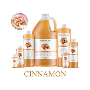 Op de afbeelding: Een verzameling amberkleurige vloeibare geurflessen van verschillende formaten, gelabeld met "Cinnamon" door Plant Guru. De flessen zijn in een groep gerangschikt, met een close-up van kaneelstokjes in een cirkelvormige inzet. De tekst "Cinnamon" wordt hieronder weergegeven.