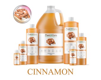 May include: A selection of amber-coloured liquid fragrance bottles, labelled "Cinnamon" by Plant Guru. The bottles are of different sizes and grouped together, with a close-up of cinnamon sticks in a circular inset. The word "Cinnamon" is displayed below.