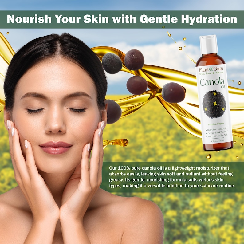 May include: A woman with her eyes closed, touching her face, with a bottle of Plant Guru Canola Oil. The bottle is brown with a white label and a black design. The text "Nourish Your Skin with Gentle Hydration" is at the top.