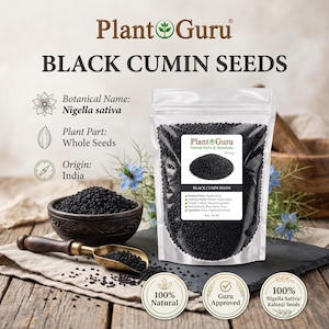 May include: A clear plastic pouch of Plant Guru black cumin seeds labeled Nigella sativa, whole seeds, origin India, 8 oz / 0.5 lb. The pouch features a white label with text and a seed image, accompanied by a dark bowl and a metal scoop of seeds.